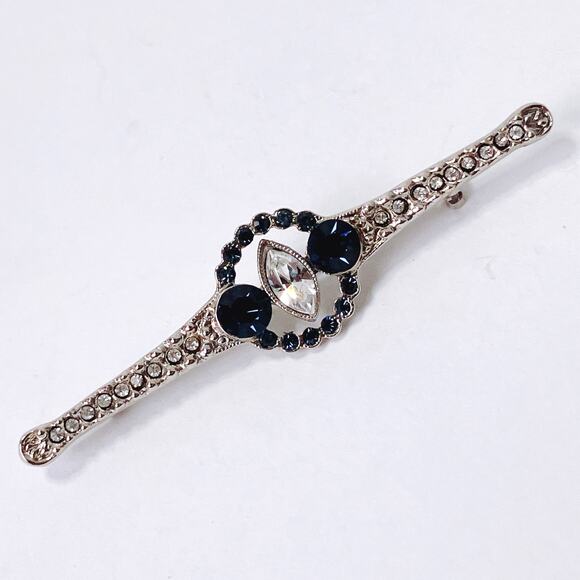 Vintage Mid Century Blue Rhinestone Bar Brooch Edwardian Revival Elegant Pin - Picture 5 of 11